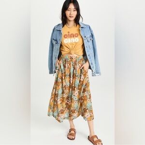 Sundry Floral Midi Skirt - Blue, Yellow, Brown